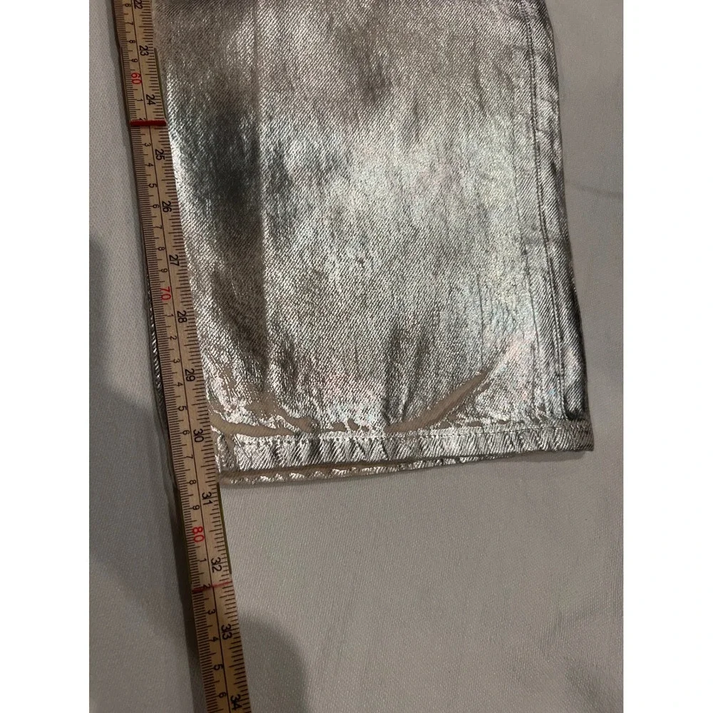 EUC Zara Silver Straight Leg Jeans Metallic Shiny High Rise Festival Party Size4
